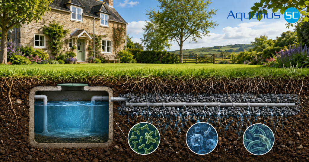 Healthy septic system beneath a UK home showing beneficial bacteria and an effective drainage field