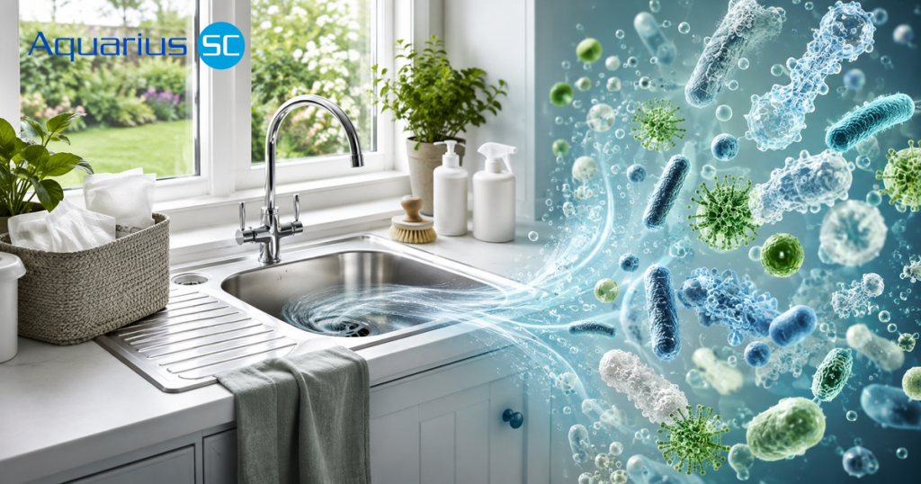 Household sink with beneficial bacteria representing natural septic system maintenance