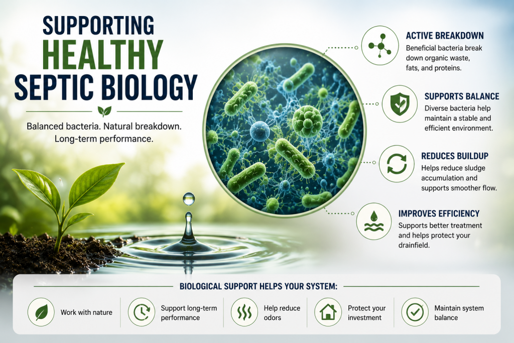 Illustration showing biological maintenance supporting healthy septic tank bacteria and long-term system balance