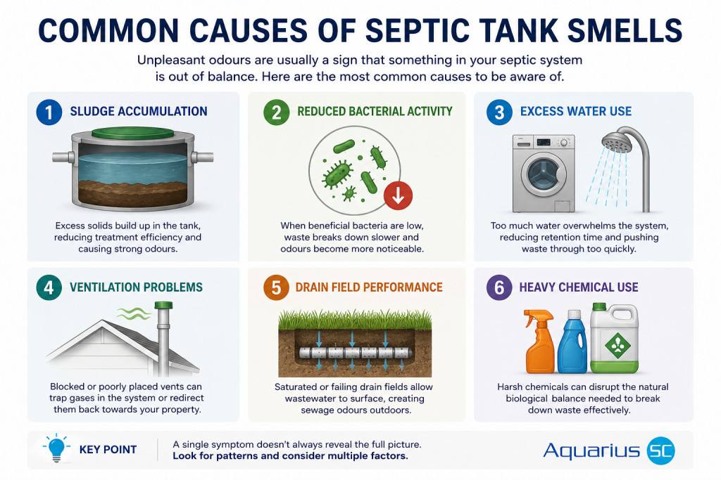 Why Does My Septic Tank Smell? Common Causes And Practical Solutions 1 Infographic showing the most common causes of septic tank smells including sludge accumulation, reduced bacterial activity, excess water use, ventilation problems, drain field performance and heavy chemical use.