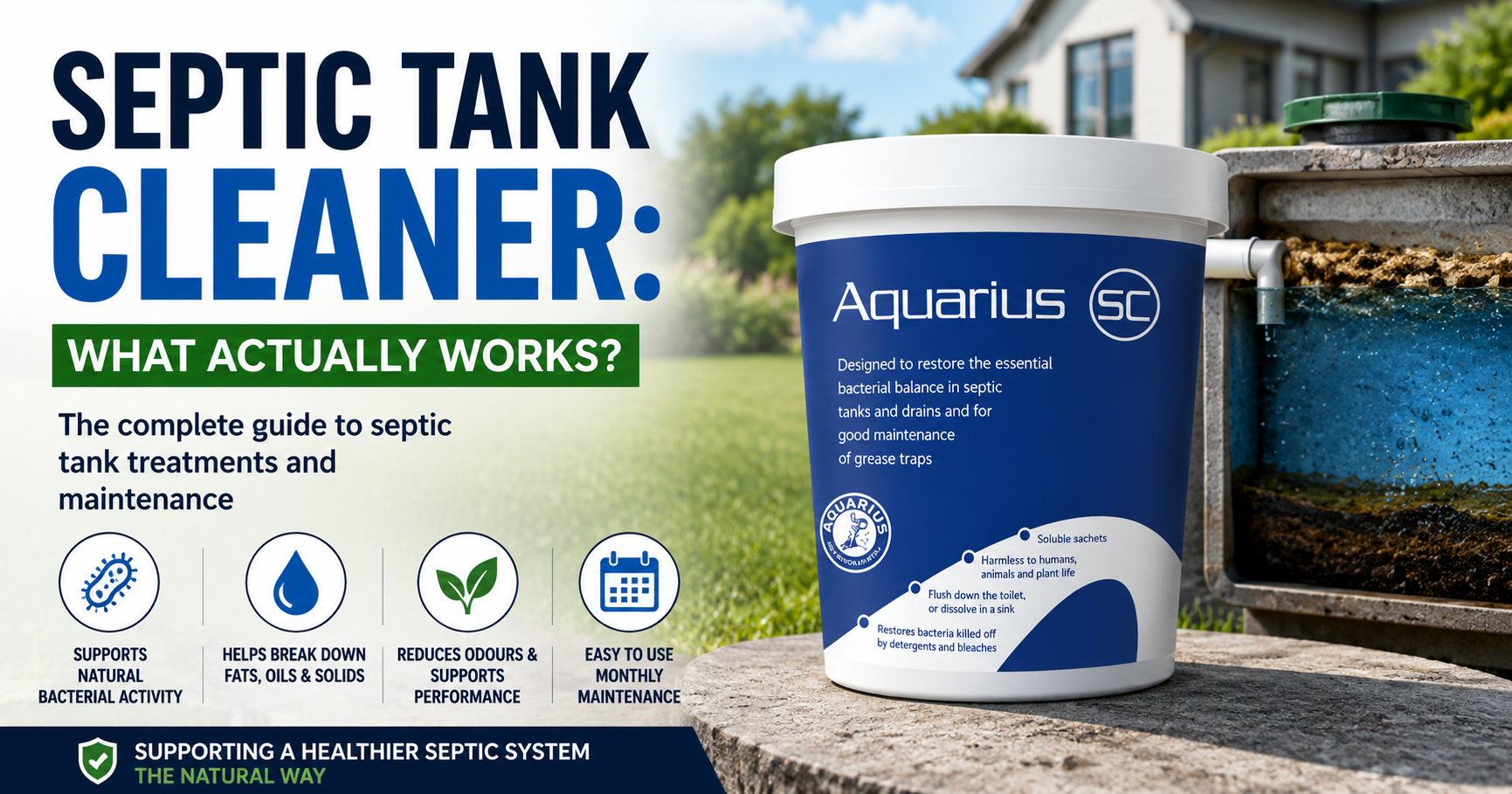 Aquarius SC biological septic tank treatment beside a septic tank illustration with guidance on supporting healthy septic system maintenance