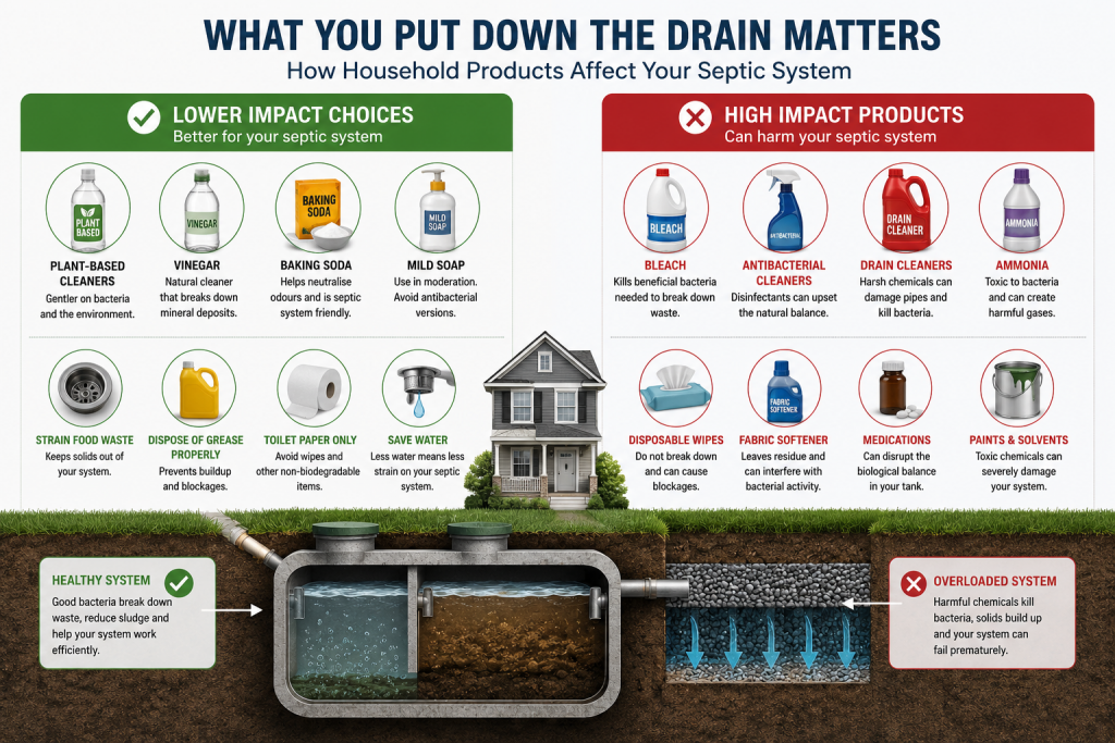 Household cleaning products entering a septic system showing lower and higher impact examples