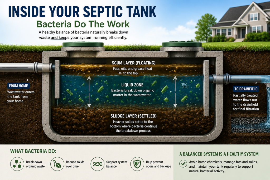 Cross-section illustration showing healthy bacteria inside a septic tank helping break down organic waste and support septic system performance