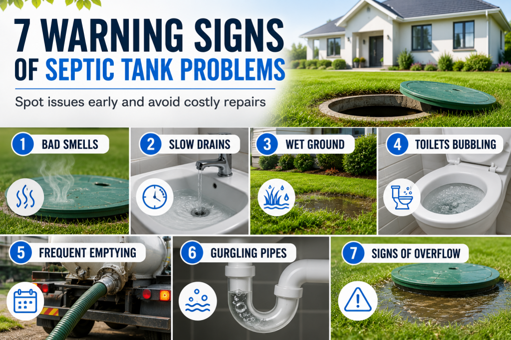 Visual comparison of healthy septic system and common septic tank warning signs