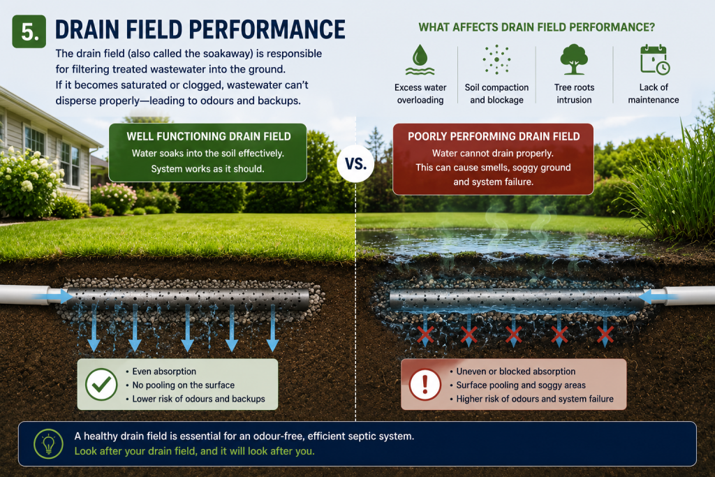 Why Does My Septic Tank Smell? Common Causes And Practical Solutions 5 Comparison showing a healthy septic drain field beside a saturated drain field illustrating how poor drainage can contribute to septic tank odours and wastewater problems.