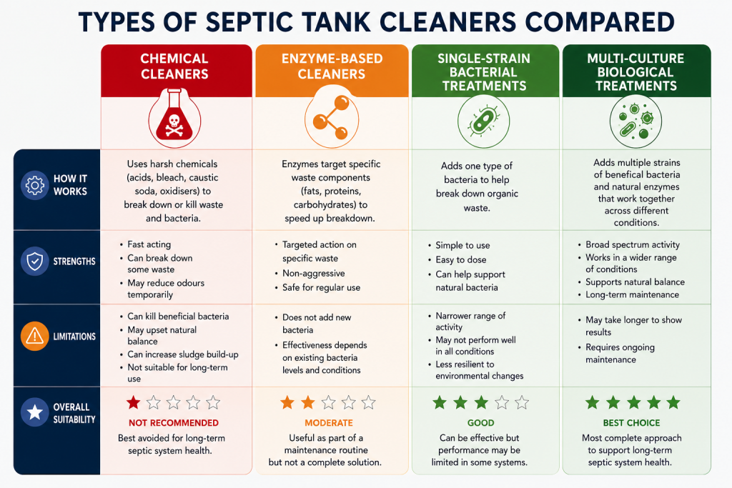 Comparison chart showing chemical, enzyme, single-strain and multi-culture septic tank cleaner types.