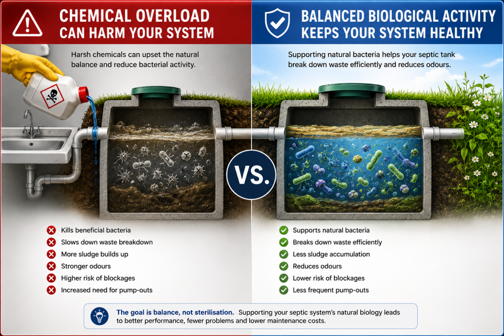 Illustration comparing harsh chemical cleaning with balanced biological activity inside a septic tank.