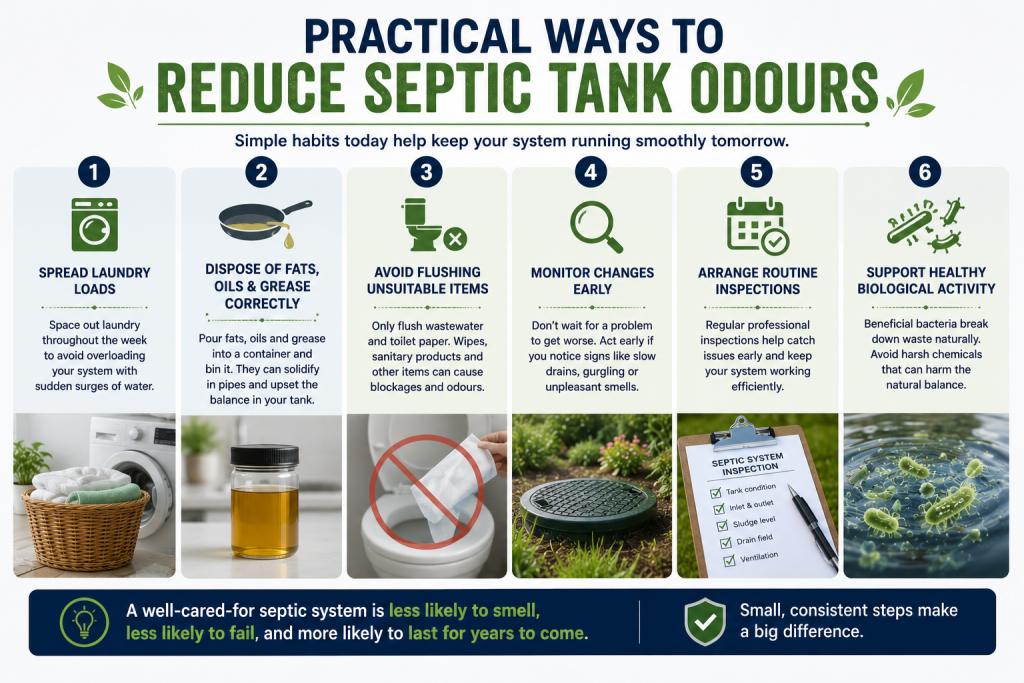 Why Does My Septic Tank Smell? Common Causes And Practical Solutions 6 Infographic showing practical ways to reduce septic tank odours including spreading laundry loads, disposing of fats and oils correctly, avoiding flushing unsuitable items, monitoring changes, arranging inspections and supporting healthy biological activity.