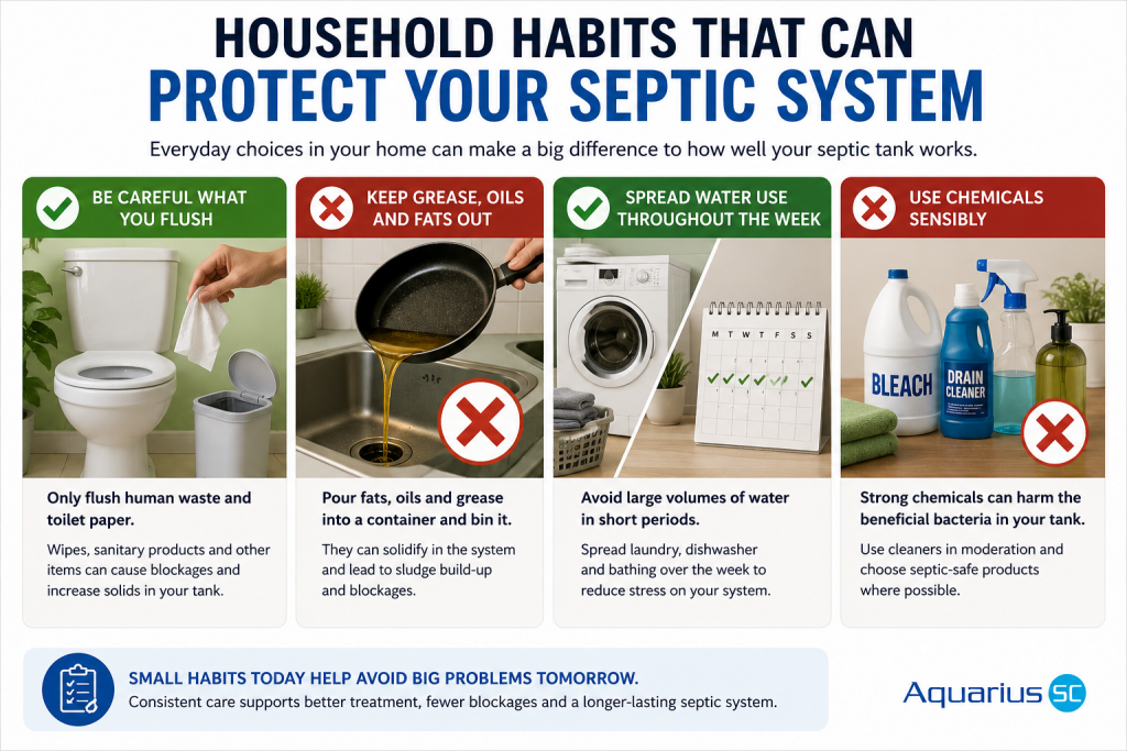 Household habits that help prevent septic tank problems including reducing grease managing water use and using cleaning products sensibly