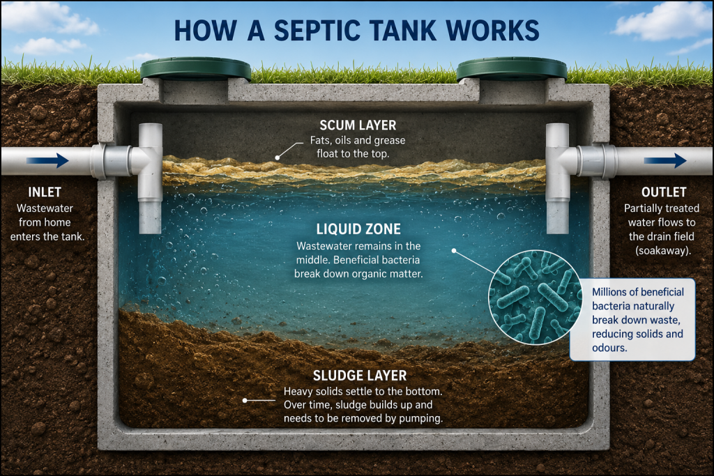 Cross-section diagram showing how a septic tank works with wastewater separation into scum, liquid and sludge layers and natural bacterial breakdown.