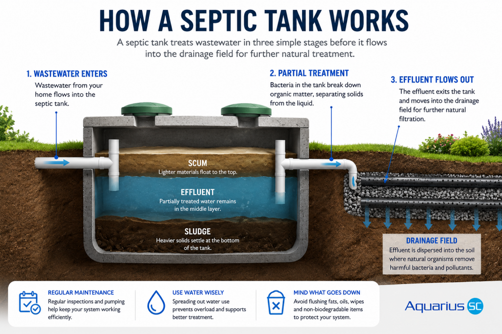 Diagram showing how a septic tank separates wastewater into scum effluent and sludge
