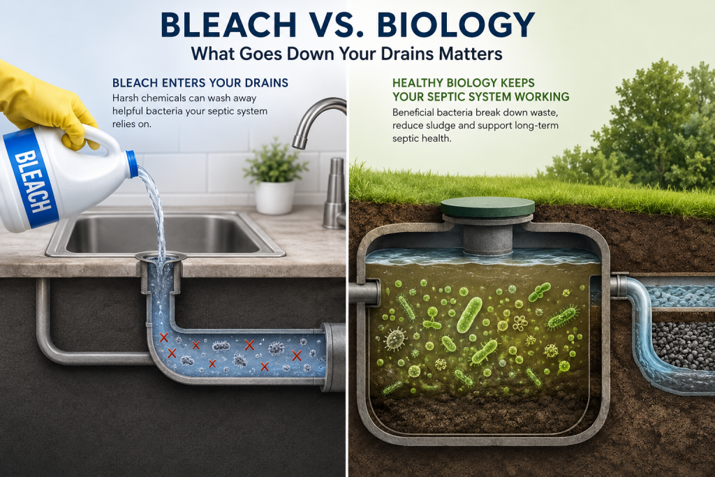 Illustration showing bleach entering household drainage compared with healthy biological activity inside a septic tank