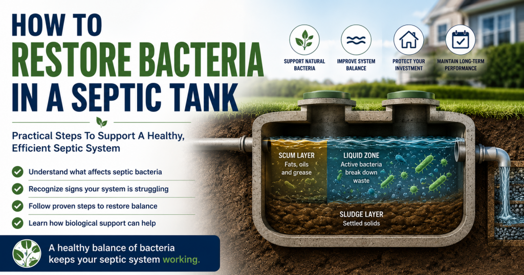 How To Restore Bacteria In A Septic Tank (And What Actually Helps) 1 Cross-section illustration of a septic tank showing bacterial activity, waste breakdown and practical steps to support healthy septic system performance