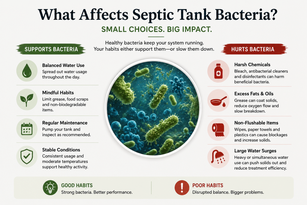 Illustration showing household habits and environmental factors that support or reduce septic tank bacterial activity