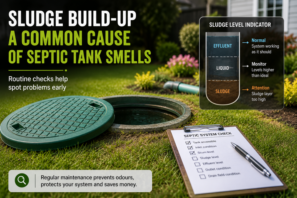 Why Does My Septic Tank Smell? Common Causes And Practical Solutions 3 Outdoor septic inspection scene showing sludge build-up as a common cause of septic tank smells
