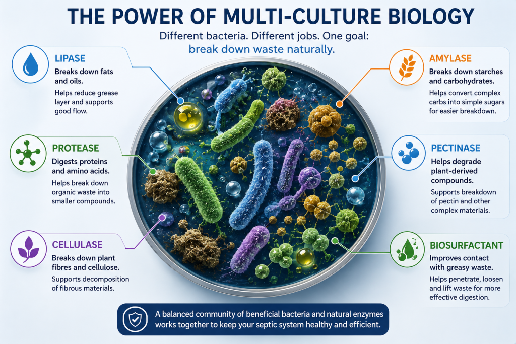 Illustration showing bacterial cultures and enzymes involved in biological septic tank treatment.