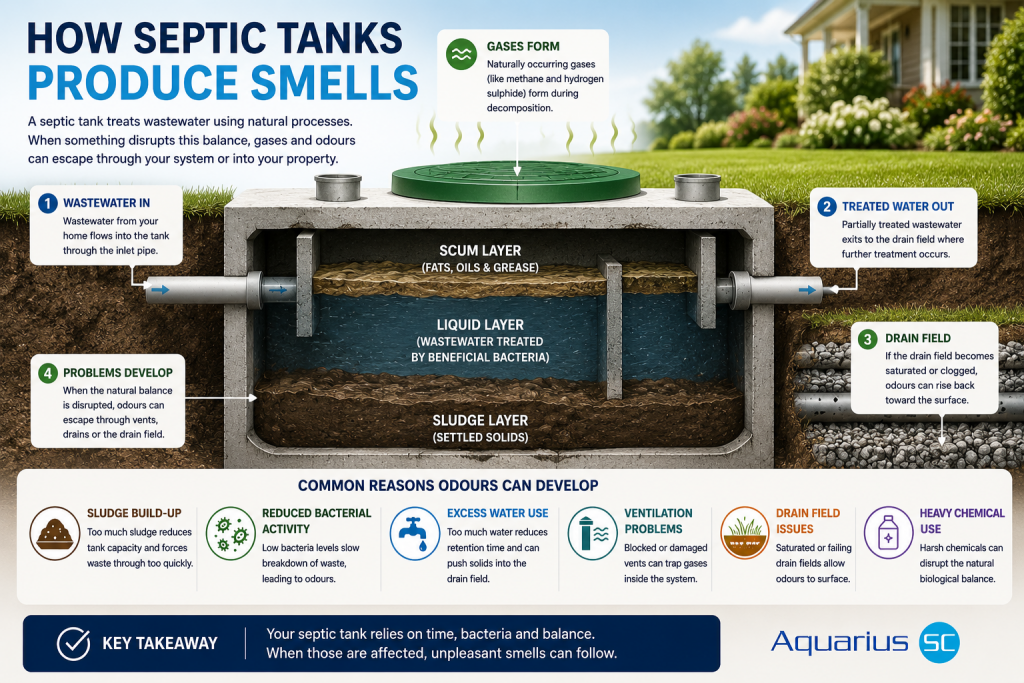 Why Does My Septic Tank Smell? Common Causes And Practical Solutions 2 Diagram showing how septic tank smells can develop from sludge build-up reduced bacterial activity excess water use ventilation problems and drain field issues