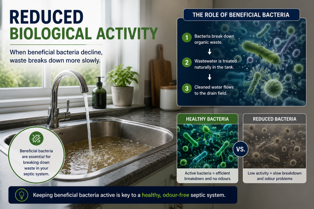 Why Does My Septic Tank Smell? Common Causes And Practical Solutions 4 Illustration explaining how reduced biological activity in a septic tank slows the breakdown of organic waste and can contribute to unpleasant odours.