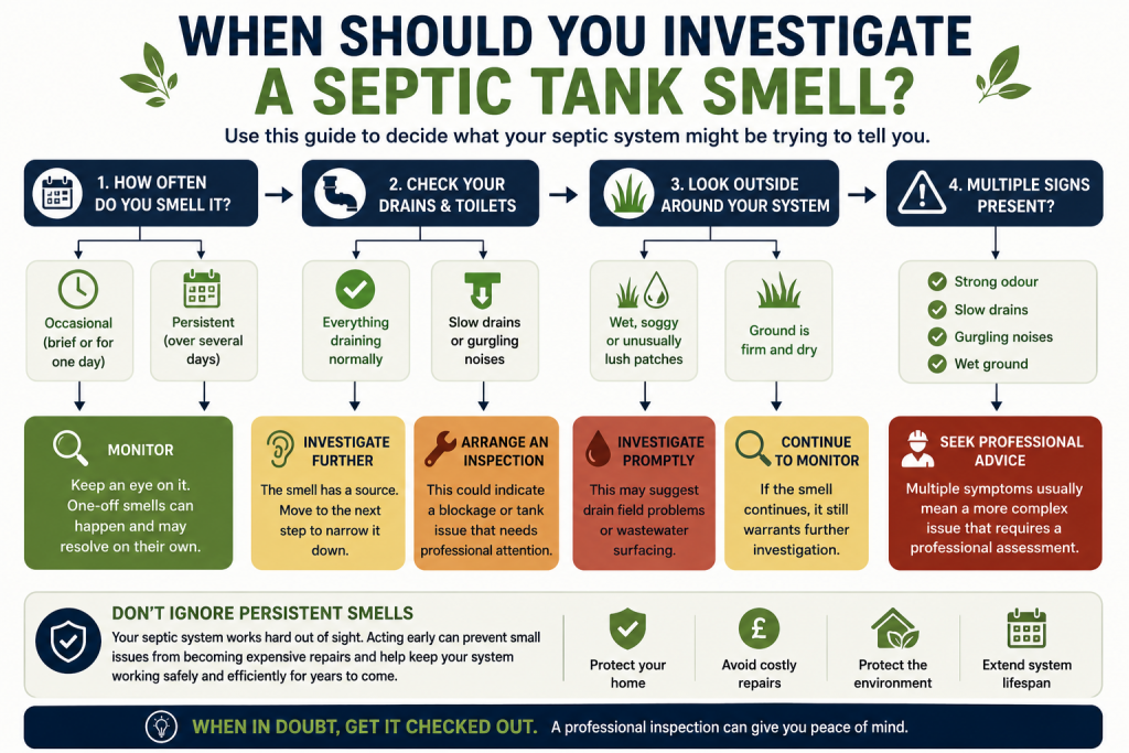 Why Does My Septic Tank Smell? Common Causes And Practical Solutions 7 Flowchart showing when to investigate a septic tank smell based on persistent odours, slow drains, wet ground and multiple warning signs.