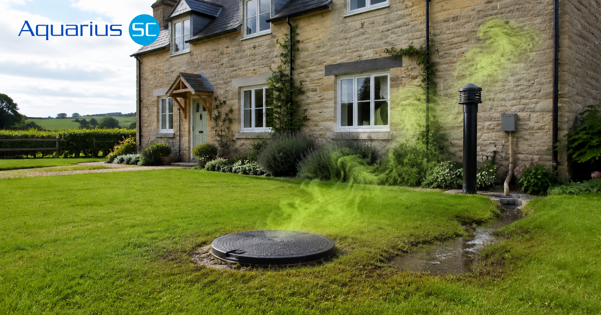 Green odour clouds rising from a septic tank cover and vent outside a UK home