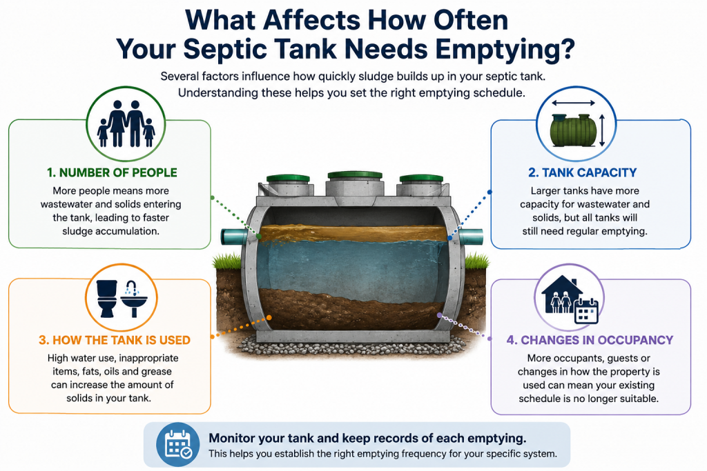 Infographic showing four factors that affect how often a septic tank needs emptying: household size, tank capacity, usage and changes in occupancy.