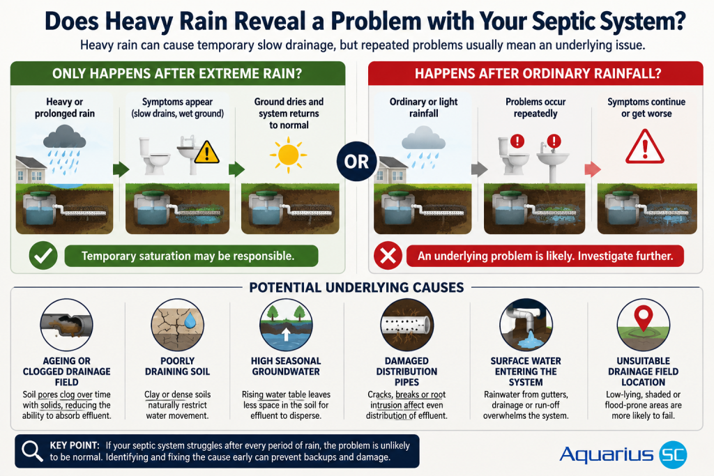 Infographic showing how to tell whether septic tank problems after heavy rain are temporary or caused by an underlying drainage field issue.