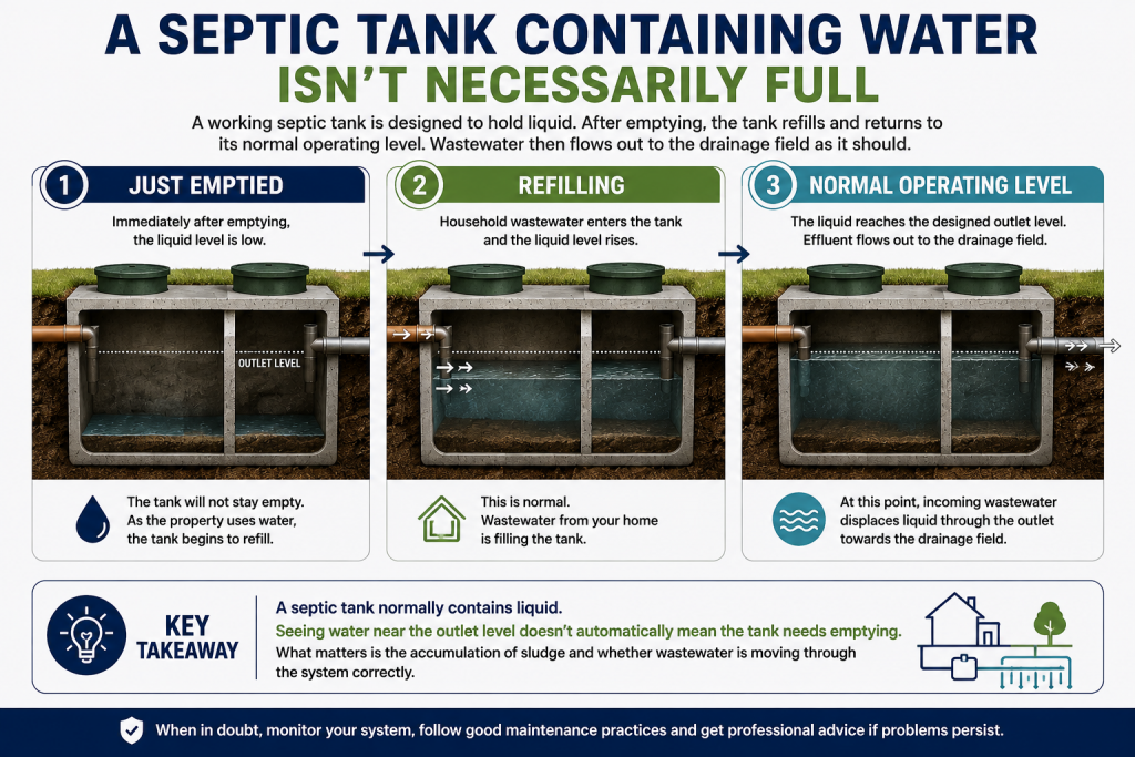 The Complete Guide to Septic Tank Maintenance 2 Diagram showing a septic tank after emptying, refilling with household wastewater and reaching its normal operating liquid level at the outlet.