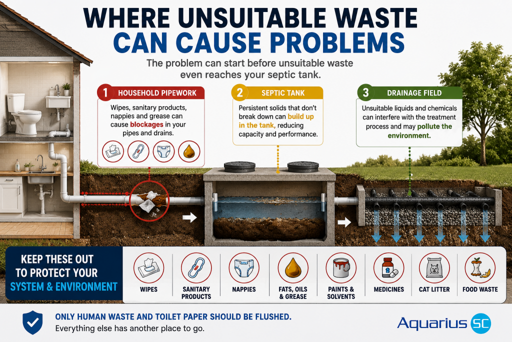 Diagram showing how unsuitable waste can cause blockages in household pipes, build up in a septic tank and create problems in the drainage field.