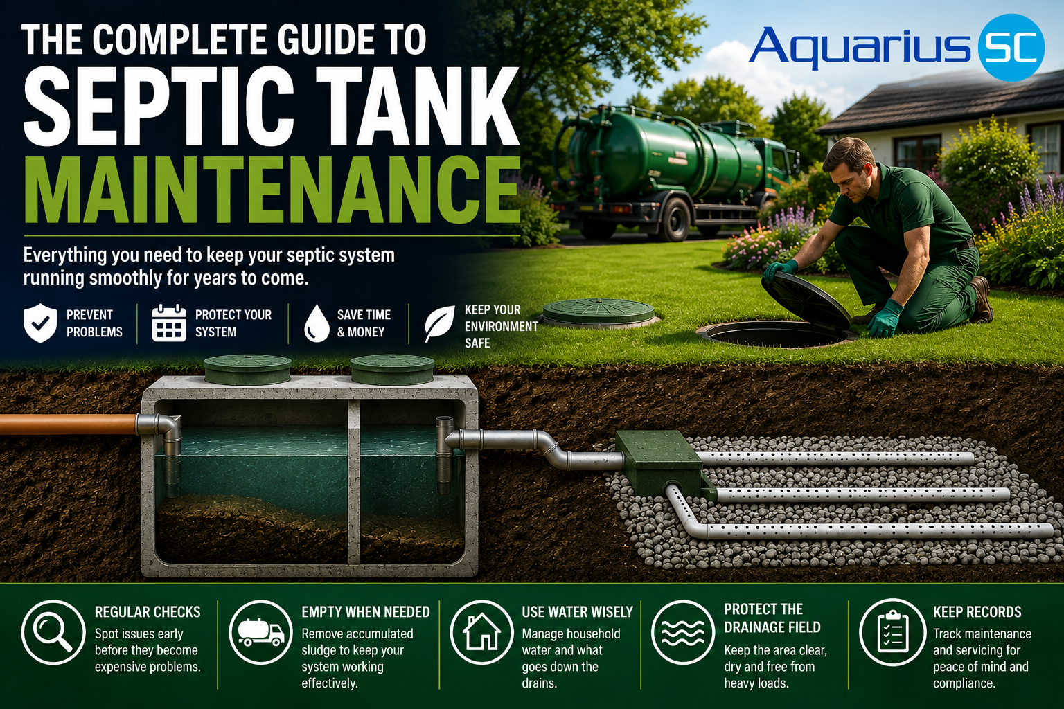 Complete septic tank maintenance guide showing routine checks, tank emptying, sensible water use, drainage field protection and maintenance records.