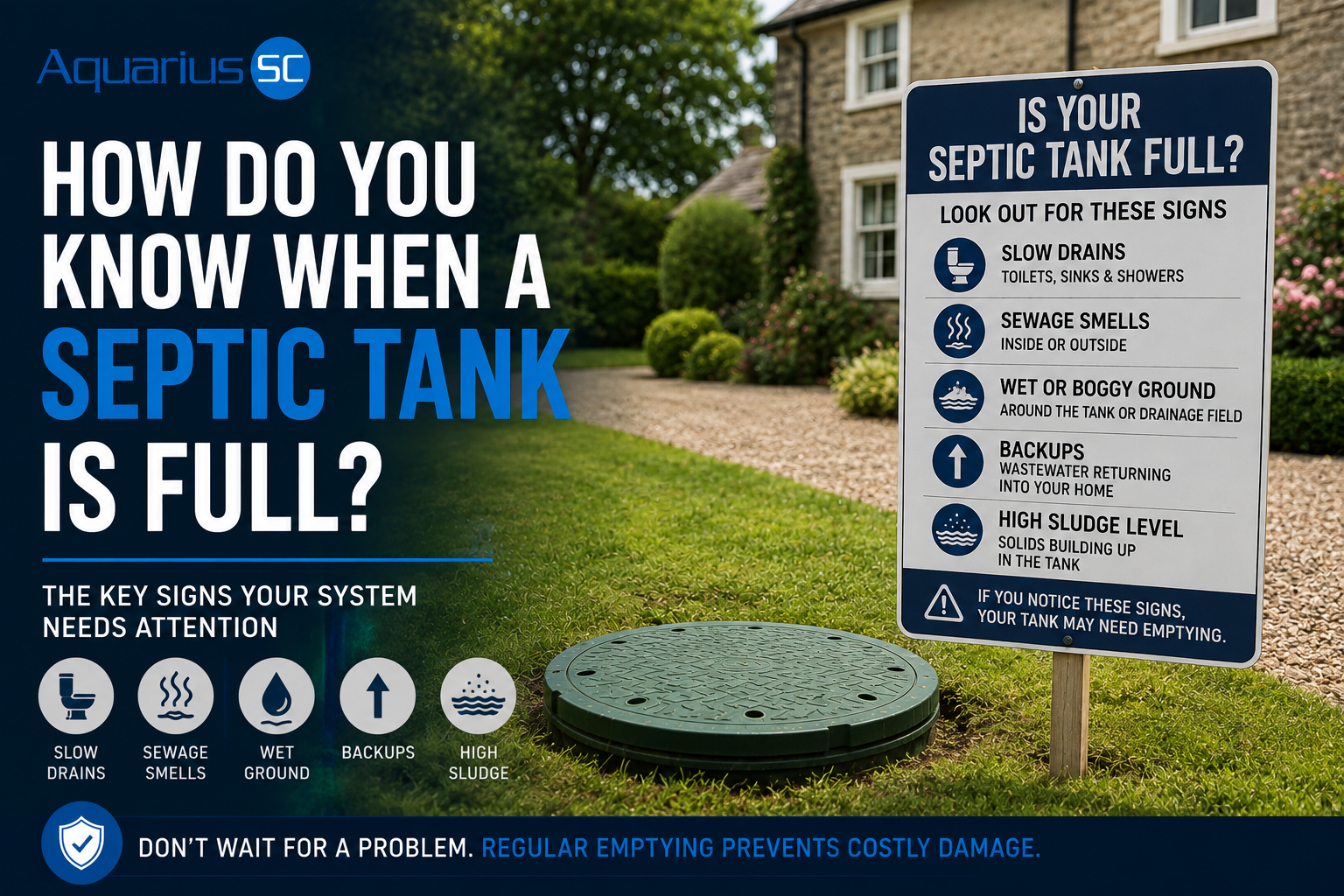 Signs a septic tank may be full, including slow drains, sewage smells, wet ground, wastewater backups and high sludge levels.