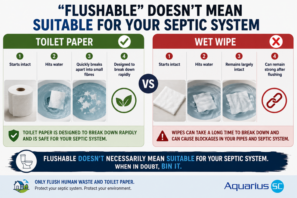 Comparison showing toilet paper breaking down quickly in water while a wet wipe remains intact, explaining why wipes should not be flushed into a septic system.