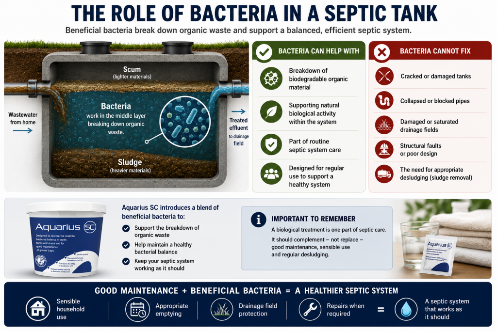 The Complete Guide to Septic Tank Maintenance 11 Diagram showing beneficial bacteria breaking down organic waste in a septic tank, alongside Aquarius SC treatment and examples of problems bacteria cannot fix.