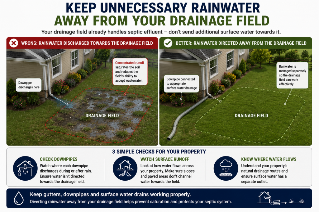 The Complete Guide to Septic Tank Maintenance 9 Comparison showing rainwater directed towards a septic drainage field causing saturated ground versus rainwater diverted away through separate surface water drainage.