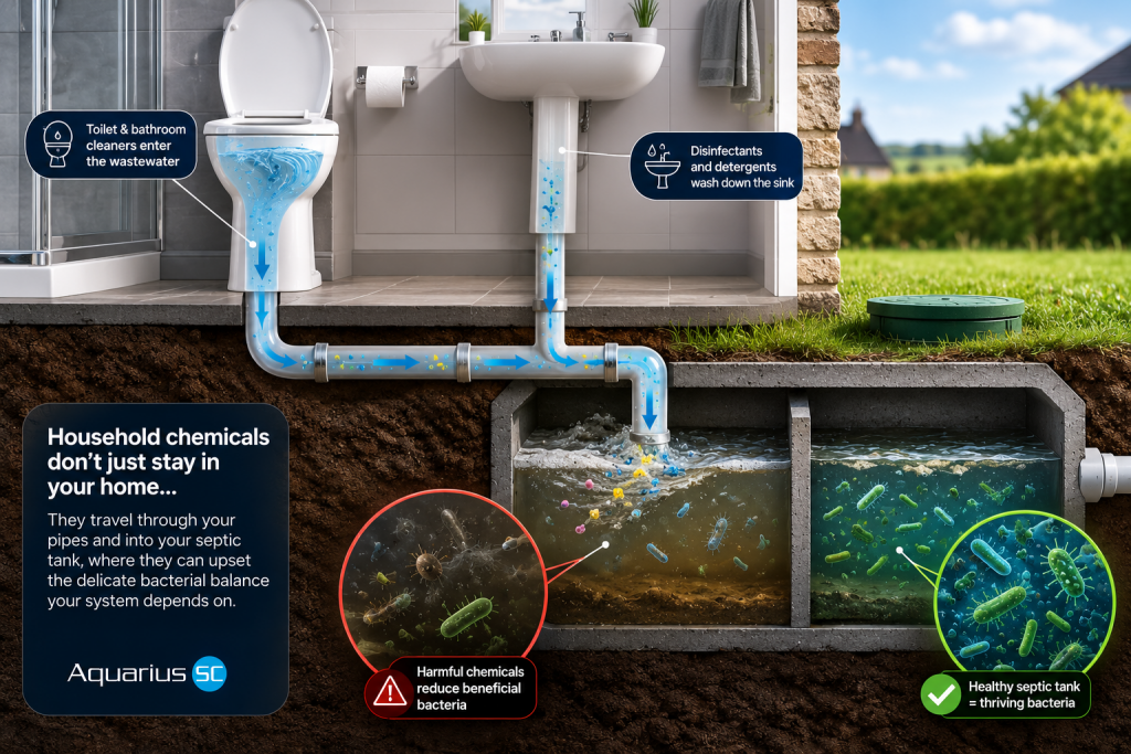 Household chemicals flowing from a bathroom into a septic tank and disrupting beneficial septic tank bacteria.