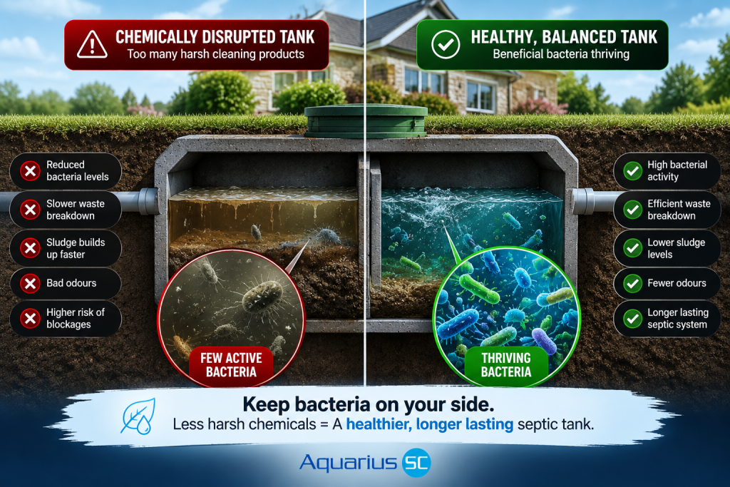Comparison of a chemically disrupted septic tank with reduced bacteria and a healthy septic tank with thriving beneficial bacteria.
