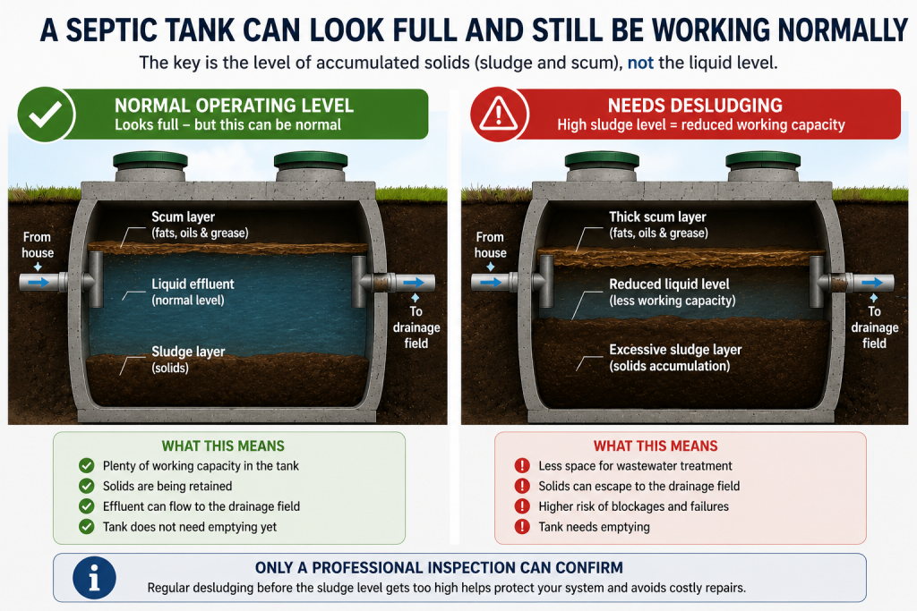 Comparison of a septic tank at a normal operating level and one with excessive sludge that needs emptying.