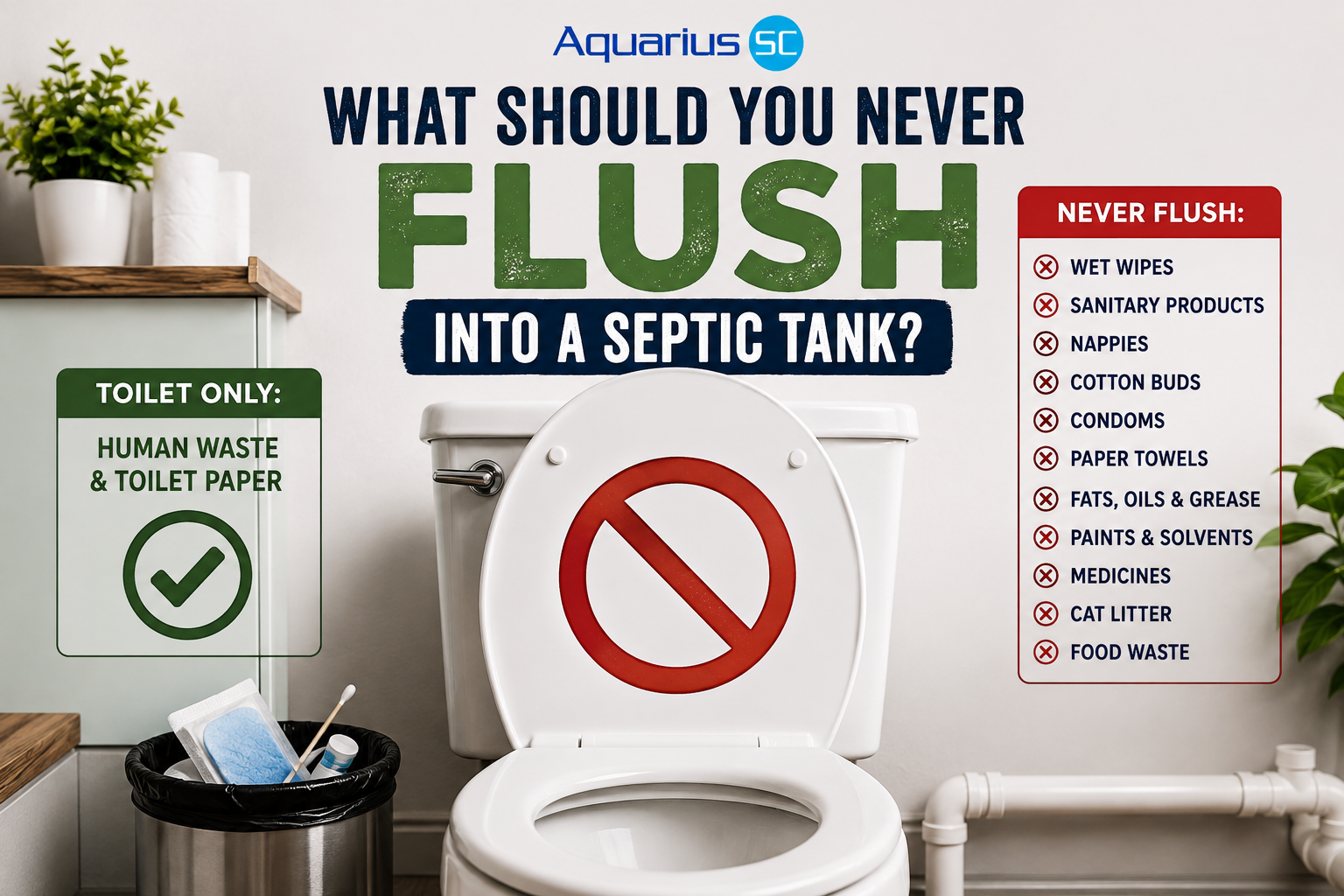Items you should never flush into a septic tank, including wet wipes, sanitary products, nappies, cotton buds, fats, oils and medicines.