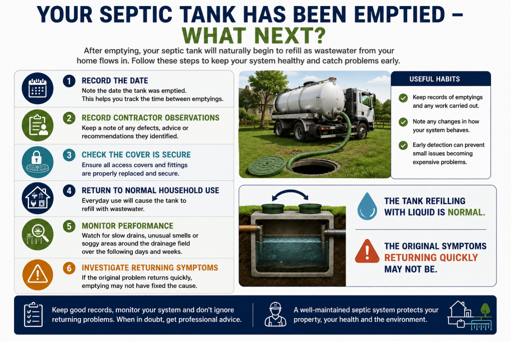 The Complete Guide to Septic Tank Maintenance 6 Checklist showing what to do after a septic tank is emptied, including recording the date, securing the cover, monitoring performance and watching for returning problems.
