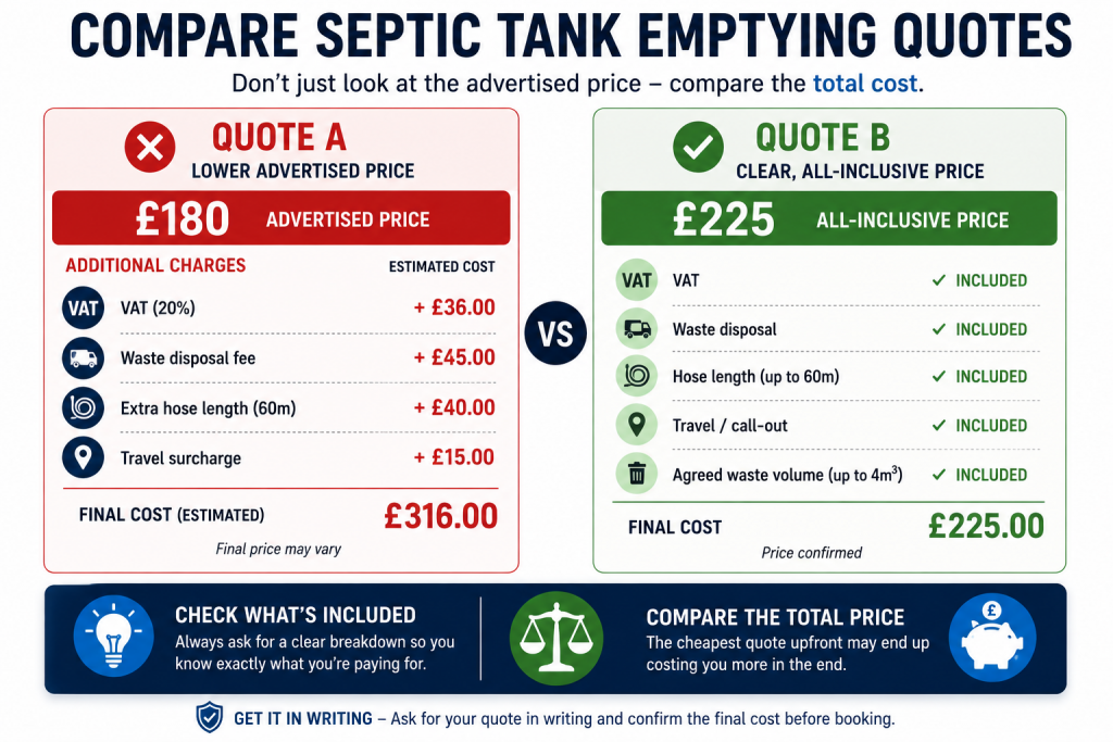 Comparison of two UK septic tank emptying quotes showing how VAT, waste disposal, hose length and travel charges can affect the final cost.
