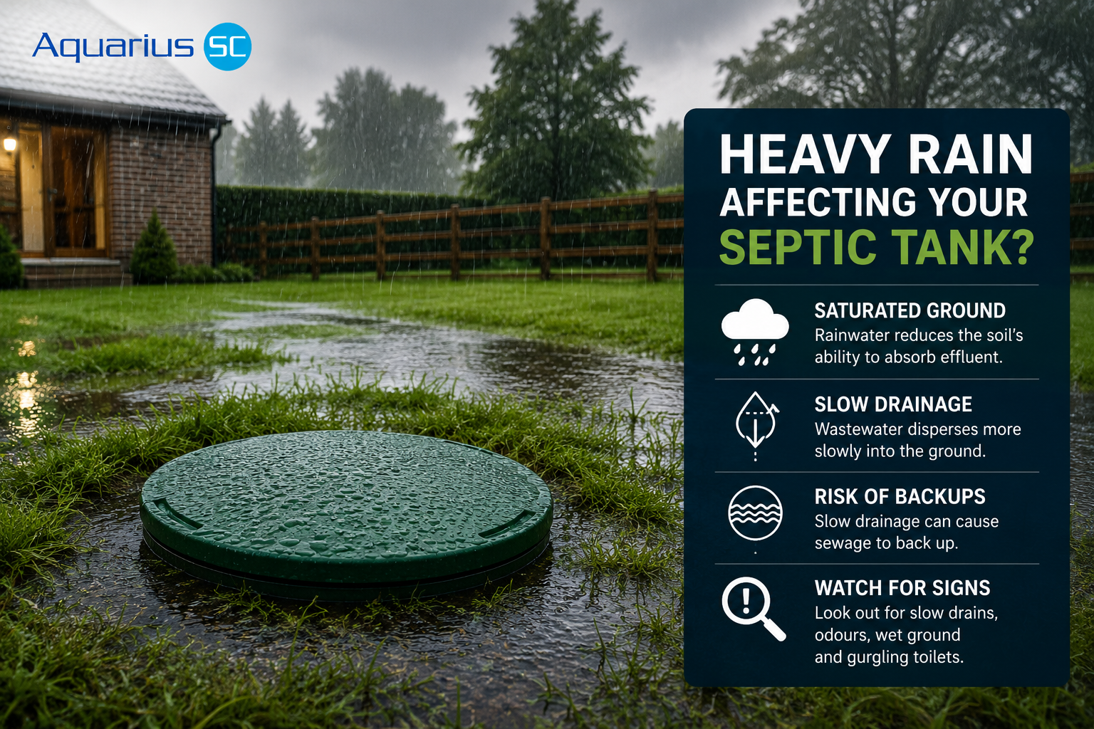 Waterlogged ground around a septic tank after heavy rain, showing how saturated soil can cause slow drainage and sewage backups.