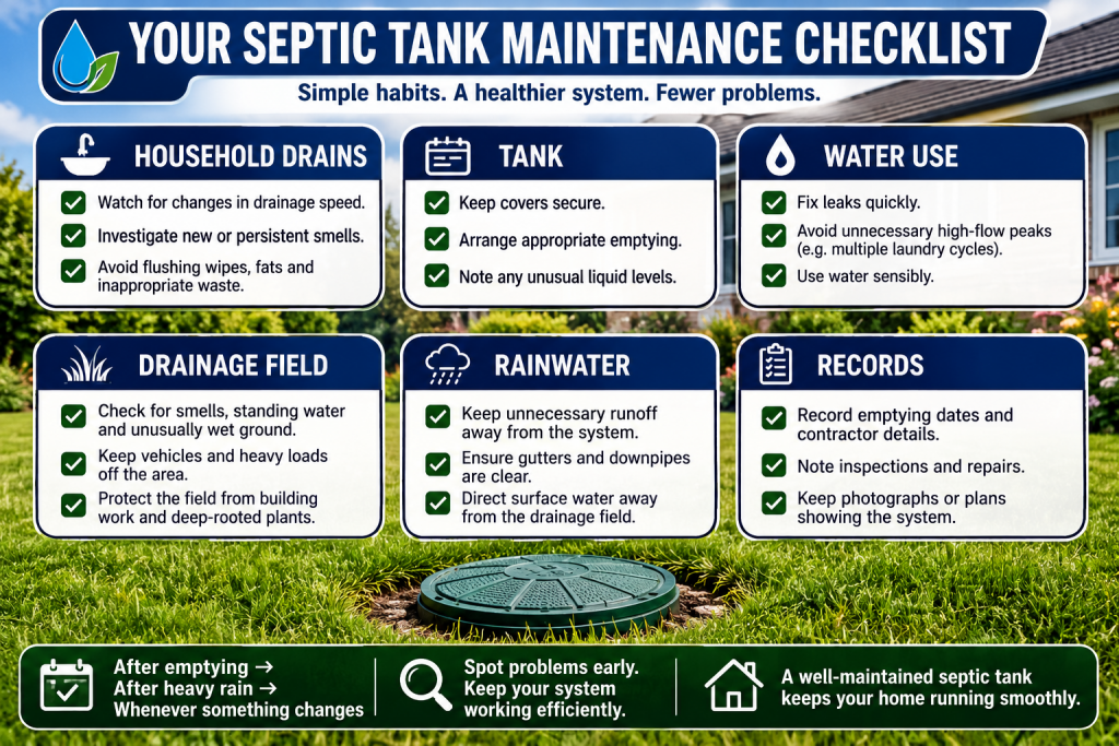 The Complete Guide to Septic Tank Maintenance 14 Septic tank maintenance checklist covering household drains, tank emptying, water use, drainage field checks, rainwater management and maintenance records.