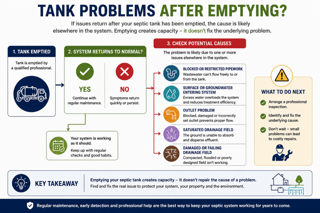 The Complete Guide to Septic Tank Maintenance 3 Diagram showing a septic tank after emptying, refilling with household wastewater and reaching its normal operating liquid level at the outlet.