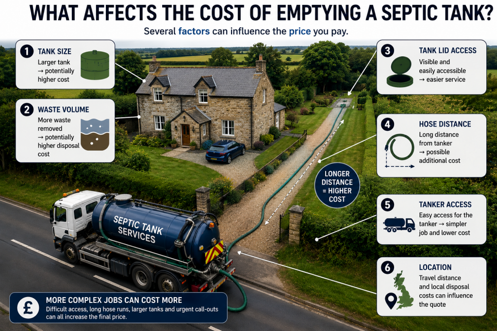 Infographic showing factors that affect septic tank emptying costs in the UK, including tank size, waste volume, tanker access, hose distance and location.