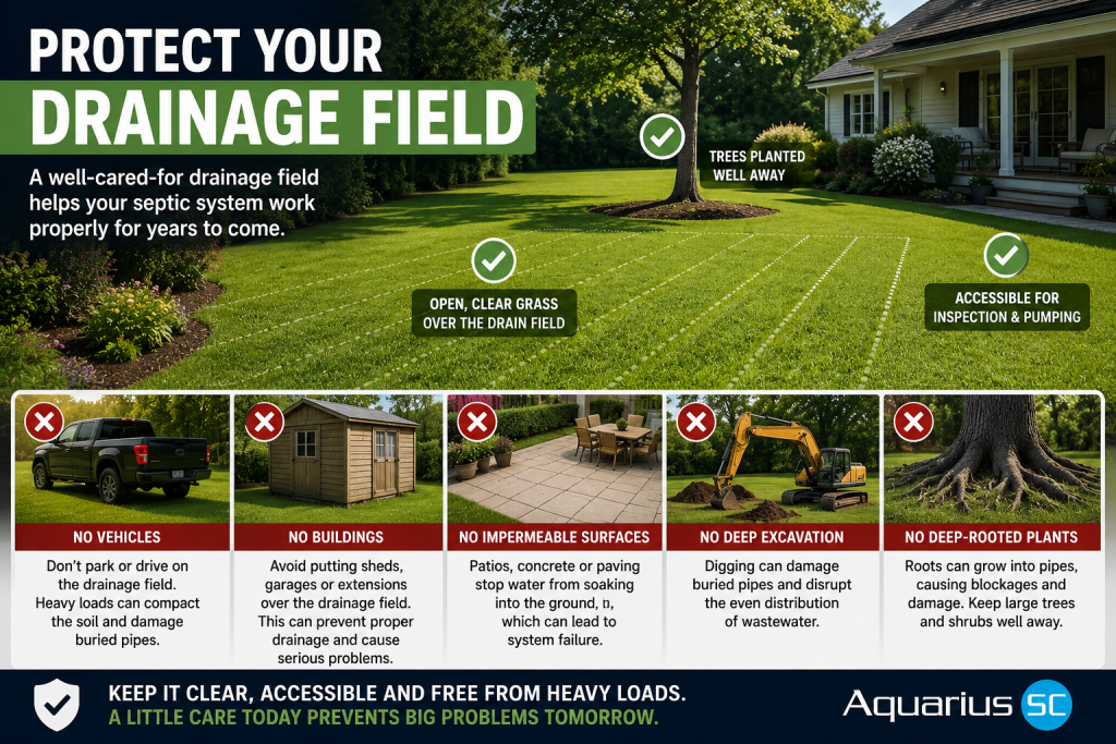How to protect a septic tank drainage field by keeping vehicles, buildings, paving, deep excavation and deep-rooted plants away from the area.