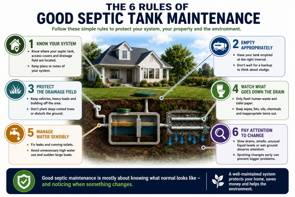 The Complete Guide to Septic Tank Maintenance 15 Infographic showing six rules for good septic tank maintenance, including appropriate emptying, protecting the drainage field, sensible water use and watching for changes.
