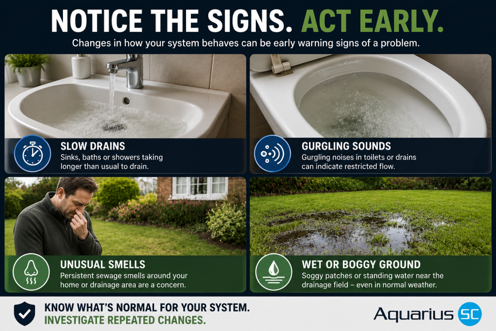 Four warning signs of septic system problems: slow drains, gurgling sounds, unusual sewage smells and wet or boggy ground around the drainage field.