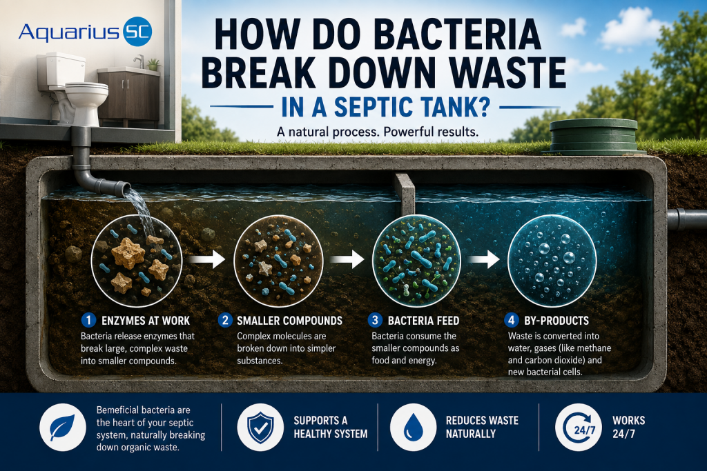 How bacteria break down organic waste in a septic tank using enzymes and natural bacterial activity.