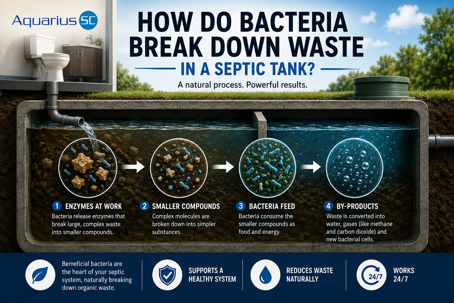 How bacteria break down organic waste in a septic tank using enzymes and natural bacterial activity.