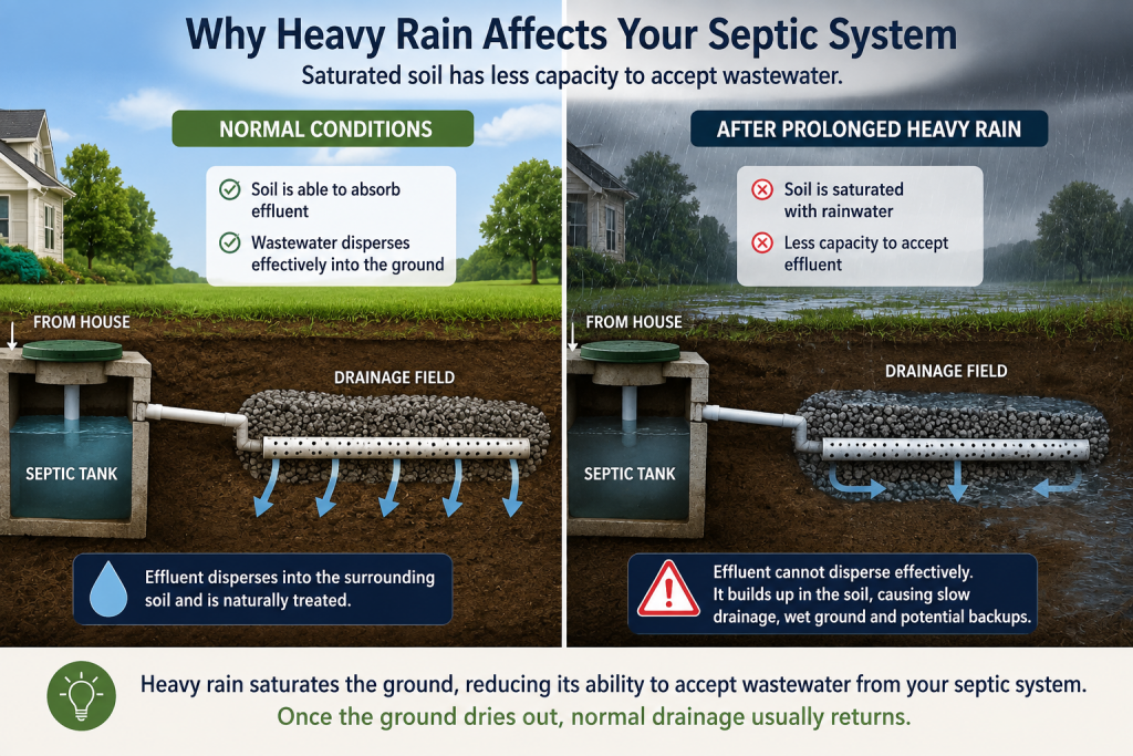 Comparison showing how a septic drainage field disperses wastewater normally versus after heavy rain when saturated soil restricts drainage.