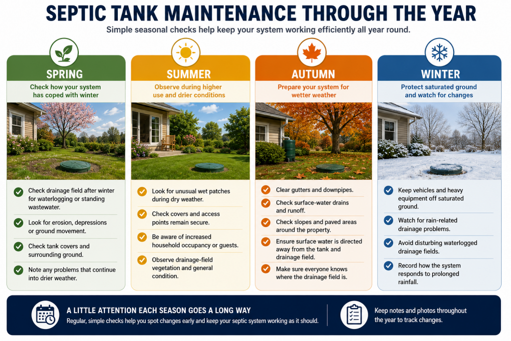 The Complete Guide to Septic Tank Maintenance 13 Seasonal septic tank maintenance checklist showing spring, summer, autumn and winter checks for drainage fields, access covers, rainwater runoff and saturated ground.